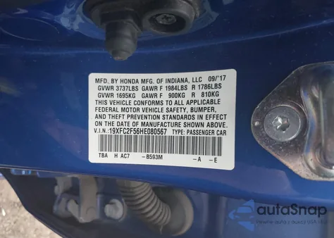 2017 Honda Civic Lx из США, поврежденный, VIN 19XFC2F56HE080567